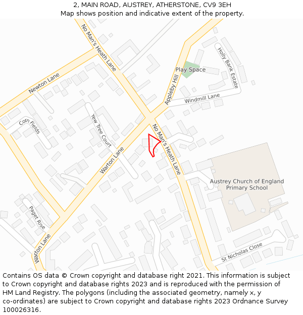 2, MAIN ROAD, AUSTREY, ATHERSTONE, CV9 3EH: Location map and indicative extent of plot