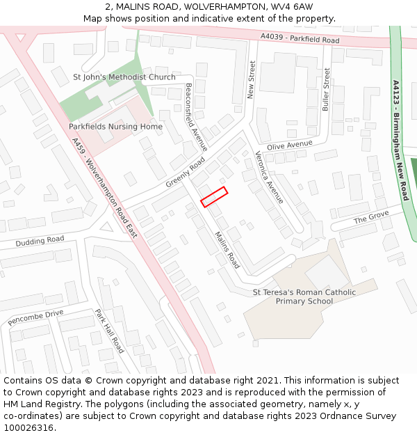 2, MALINS ROAD, WOLVERHAMPTON, WV4 6AW: Location map and indicative extent of plot