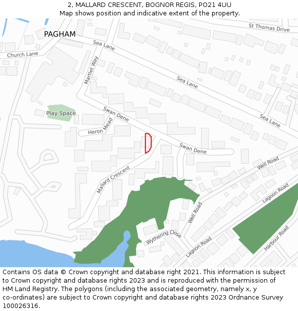 2, MALLARD CRESCENT, BOGNOR REGIS, PO21 4UU: Location map and indicative extent of plot