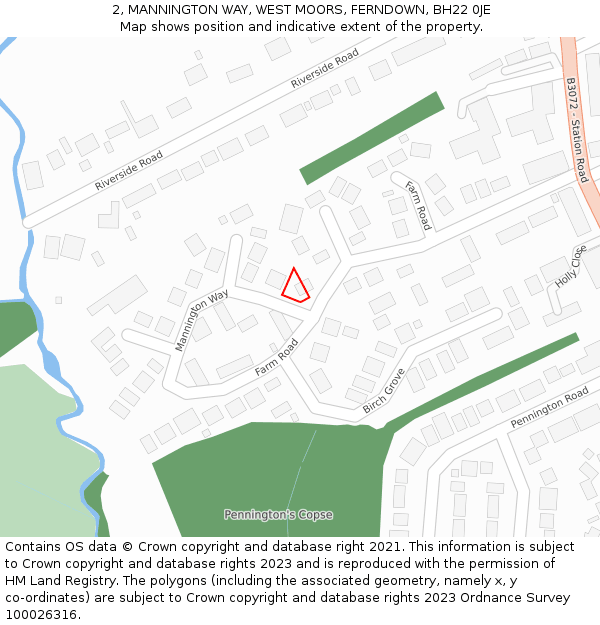 2, MANNINGTON WAY, WEST MOORS, FERNDOWN, BH22 0JE: Location map and indicative extent of plot