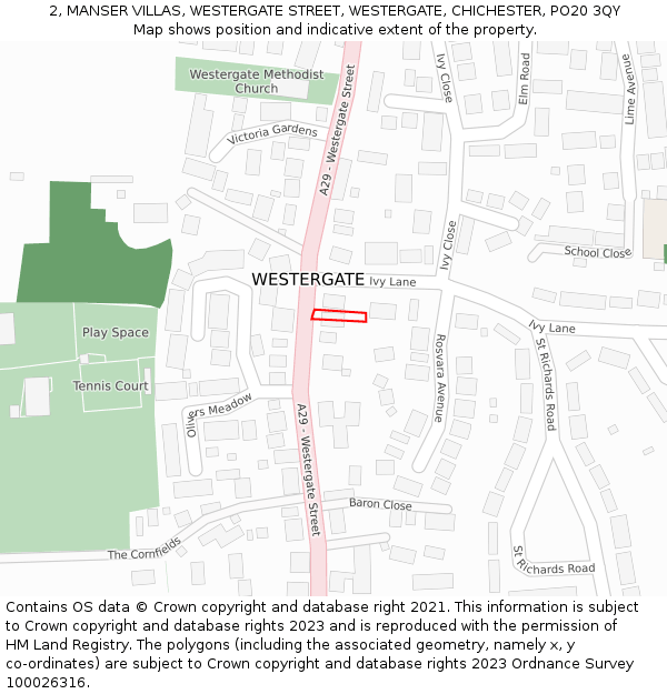 2, MANSER VILLAS, WESTERGATE STREET, WESTERGATE, CHICHESTER, PO20 3QY: Location map and indicative extent of plot