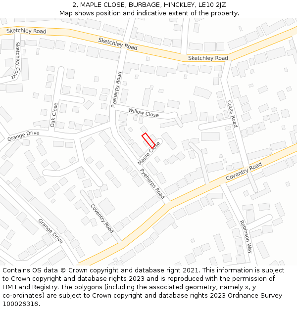 2, MAPLE CLOSE, BURBAGE, HINCKLEY, LE10 2JZ: Location map and indicative extent of plot