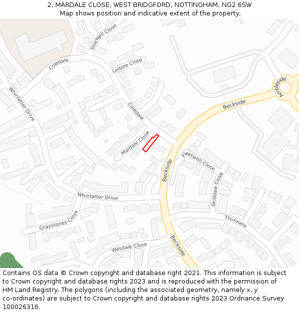 2, MARDALE CLOSE, WEST BRIDGFORD, NOTTINGHAM, NG2 6SW: Location map and indicative extent of plot