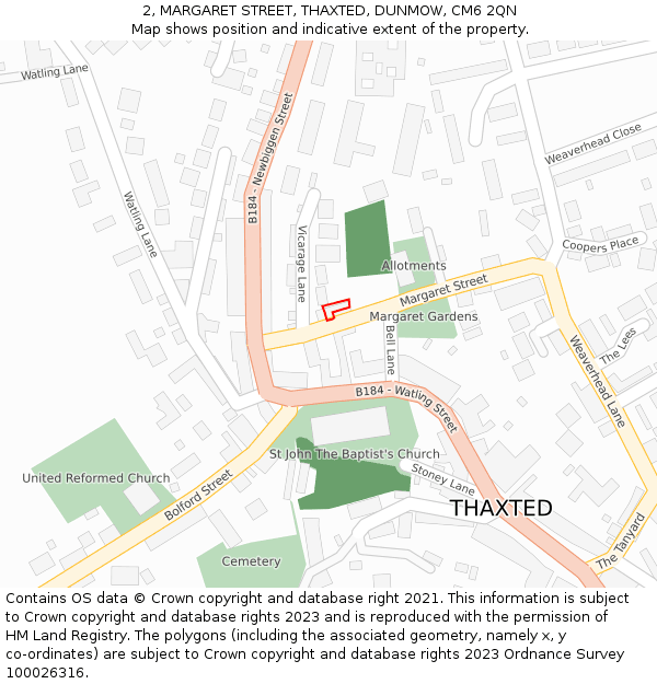 2, MARGARET STREET, THAXTED, DUNMOW, CM6 2QN: Location map and indicative extent of plot