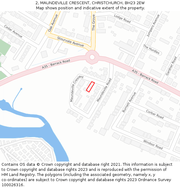 2, MAUNDEVILLE CRESCENT, CHRISTCHURCH, BH23 2EW: Location map and indicative extent of plot