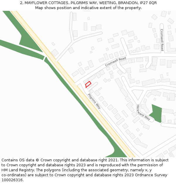 2, MAYFLOWER COTTAGES, PILGRIMS WAY, WEETING, BRANDON, IP27 0QR: Location map and indicative extent of plot