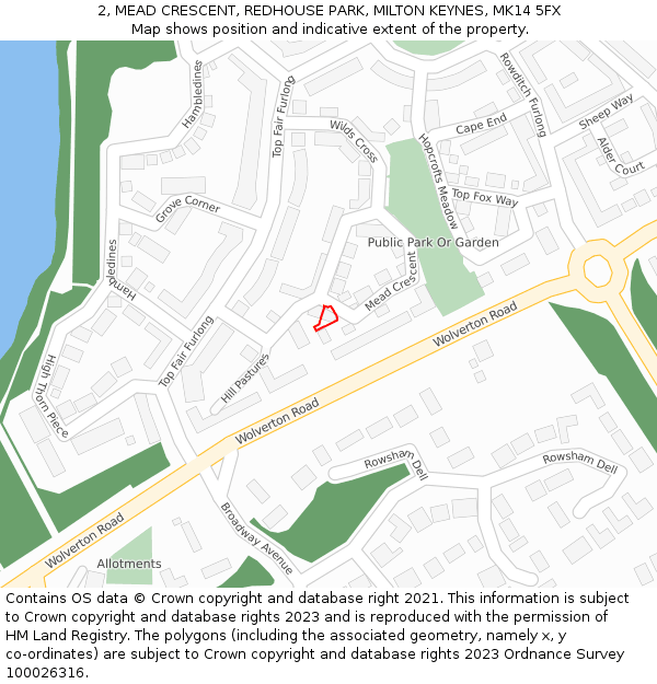 2, MEAD CRESCENT, REDHOUSE PARK, MILTON KEYNES, MK14 5FX: Location map and indicative extent of plot