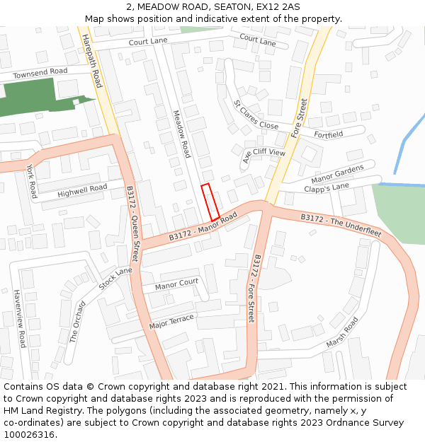 2, MEADOW ROAD, SEATON, EX12 2AS: Location map and indicative extent of plot