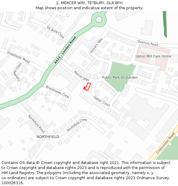 2, MERCER WAY, TETBURY, GL8 8FH: Location map and indicative extent of plot