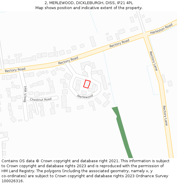 2, MERLEWOOD, DICKLEBURGH, DISS, IP21 4PL: Location map and indicative extent of plot