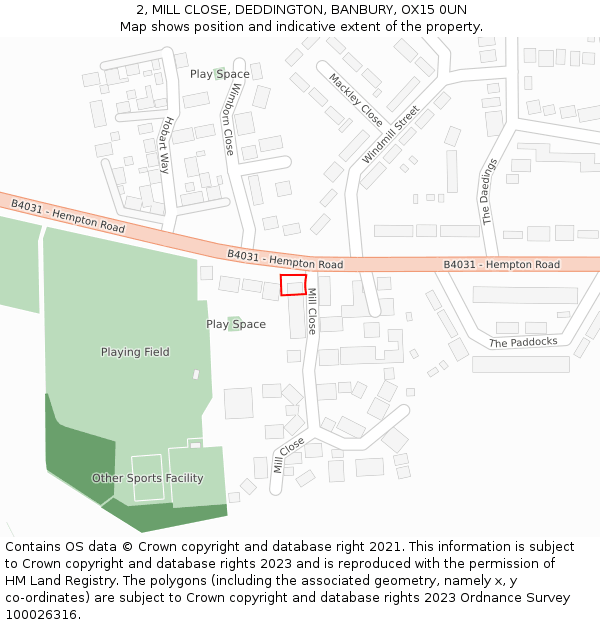 2, MILL CLOSE, DEDDINGTON, BANBURY, OX15 0UN: Location map and indicative extent of plot