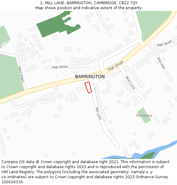 2, MILL LANE, BARRINGTON, CAMBRIDGE, CB22 7QY: Location map and indicative extent of plot