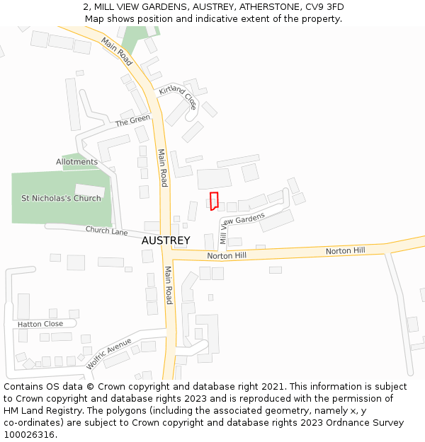 2, MILL VIEW GARDENS, AUSTREY, ATHERSTONE, CV9 3FD: Location map and indicative extent of plot