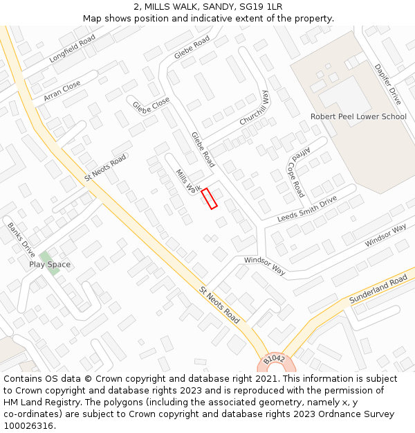 2, MILLS WALK, SANDY, SG19 1LR: Location map and indicative extent of plot