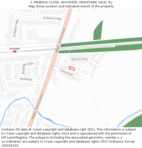 2, MINERVA CLOSE, ANCASTER, GRANTHAM, NG32 3LJ: Location map and indicative extent of plot