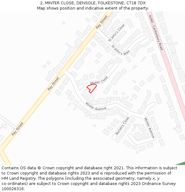 2, MINTER CLOSE, DENSOLE, FOLKESTONE, CT18 7DX: Location map and indicative extent of plot