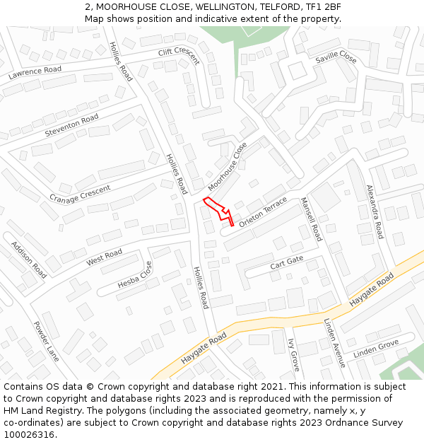 2, MOORHOUSE CLOSE, WELLINGTON, TELFORD, TF1 2BF: Location map and indicative extent of plot