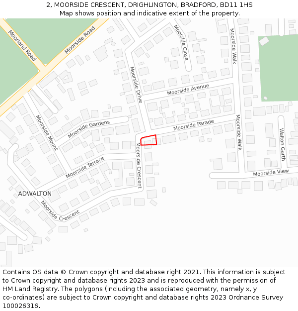 2, MOORSIDE CRESCENT, DRIGHLINGTON, BRADFORD, BD11 1HS: Location map and indicative extent of plot