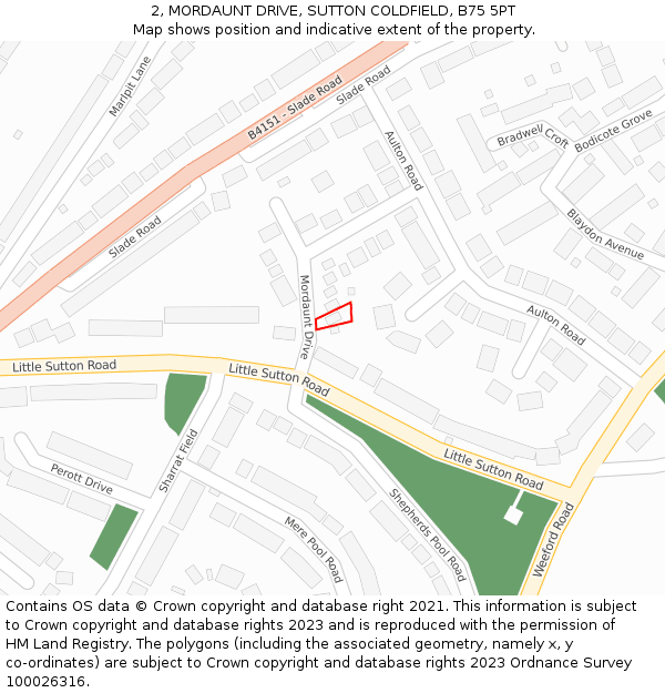 2, MORDAUNT DRIVE, SUTTON COLDFIELD, B75 5PT: Location map and indicative extent of plot