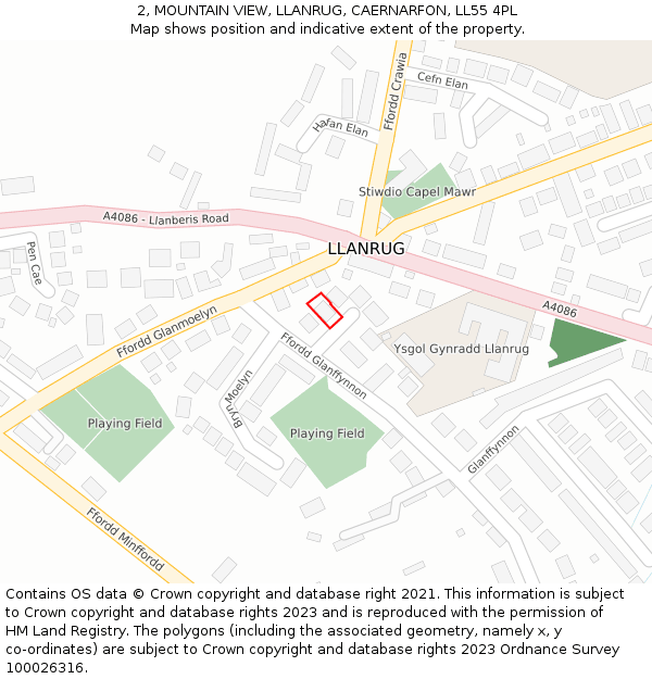 2, MOUNTAIN VIEW, LLANRUG, CAERNARFON, LL55 4PL: Location map and indicative extent of plot