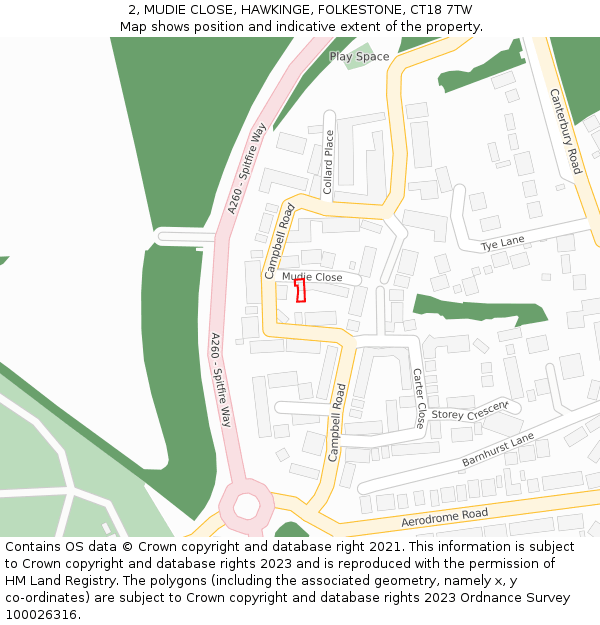 2, MUDIE CLOSE, HAWKINGE, FOLKESTONE, CT18 7TW: Location map and indicative extent of plot