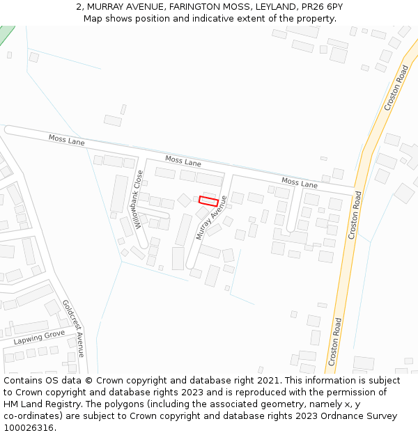 2, MURRAY AVENUE, FARINGTON MOSS, LEYLAND, PR26 6PY: Location map and indicative extent of plot