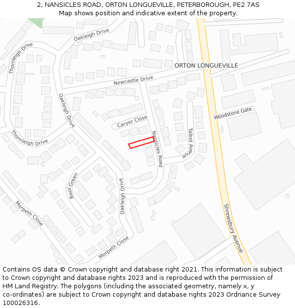 2, NANSICLES ROAD, ORTON LONGUEVILLE, PETERBOROUGH, PE2 7AS: Location map and indicative extent of plot