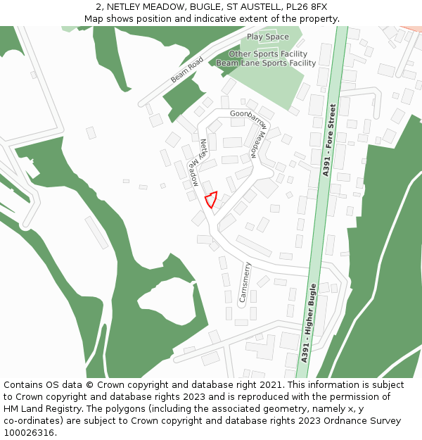 2, NETLEY MEADOW, BUGLE, ST AUSTELL, PL26 8FX: Location map and indicative extent of plot