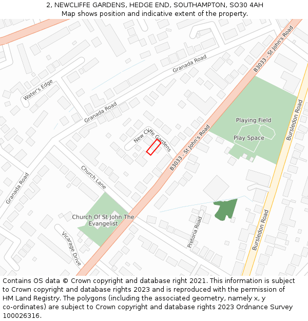 2, NEWCLIFFE GARDENS, HEDGE END, SOUTHAMPTON, SO30 4AH: Location map and indicative extent of plot