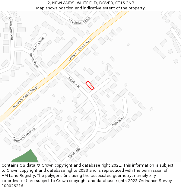 2, NEWLANDS, WHITFIELD, DOVER, CT16 3NB: Location map and indicative extent of plot