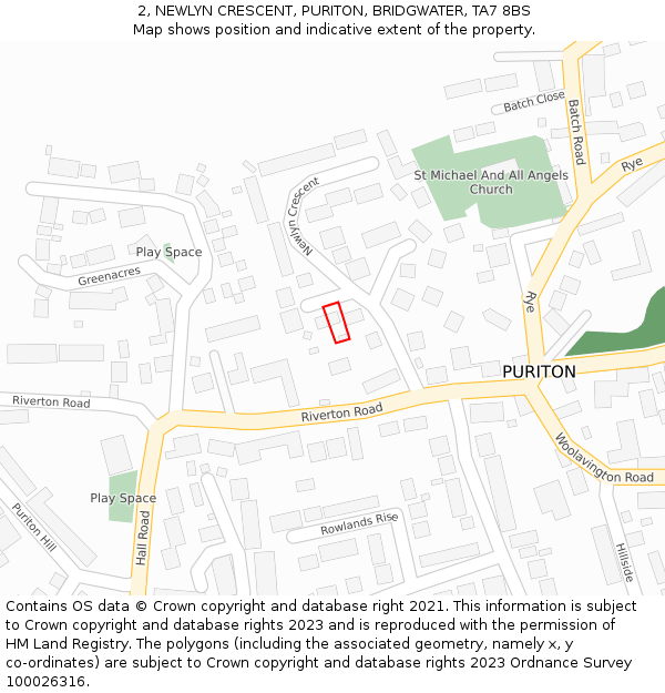 2, NEWLYN CRESCENT, PURITON, BRIDGWATER, TA7 8BS: Location map and indicative extent of plot