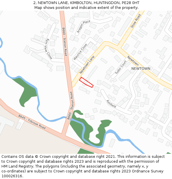 2, NEWTOWN LANE, KIMBOLTON, HUNTINGDON, PE28 0HT: Location map and indicative extent of plot