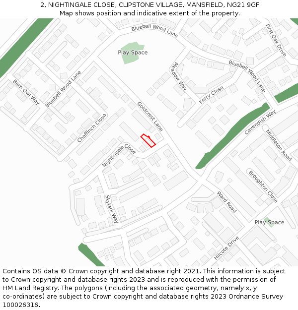 2, NIGHTINGALE CLOSE, CLIPSTONE VILLAGE, MANSFIELD, NG21 9GF: Location map and indicative extent of plot