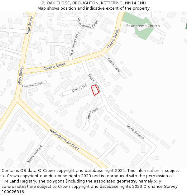 2, OAK CLOSE, BROUGHTON, KETTERING, NN14 1NU: Location map and indicative extent of plot