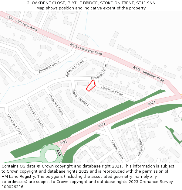 2, OAKDENE CLOSE, BLYTHE BRIDGE, STOKE-ON-TRENT, ST11 9NN: Location map and indicative extent of plot