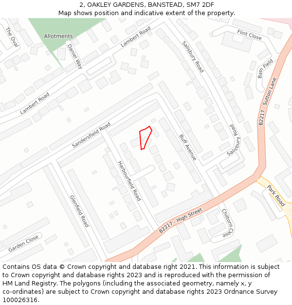 2, OAKLEY GARDENS, BANSTEAD, SM7 2DF: Location map and indicative extent of plot