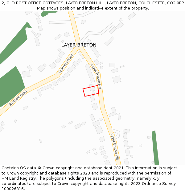 2, OLD POST OFFICE COTTAGES, LAYER BRETON HILL, LAYER BRETON, COLCHESTER, CO2 0PP: Location map and indicative extent of plot