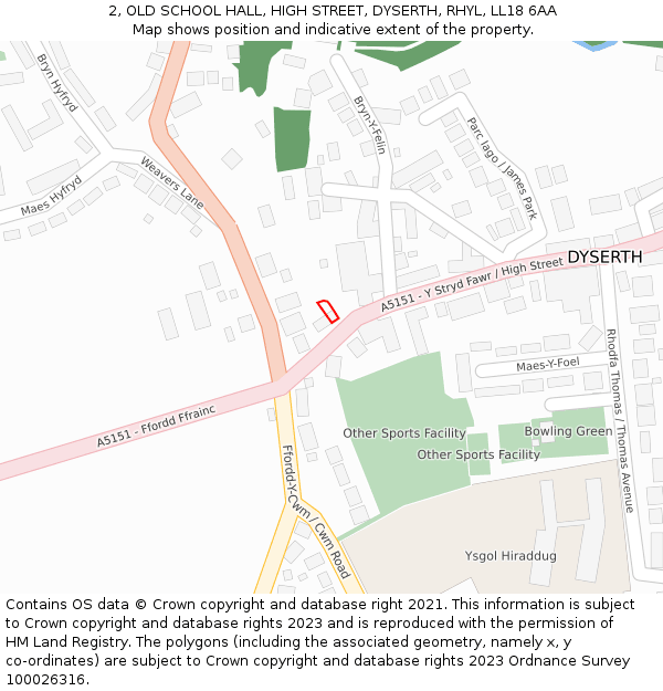 2, OLD SCHOOL HALL, HIGH STREET, DYSERTH, RHYL, LL18 6AA: Location map and indicative extent of plot