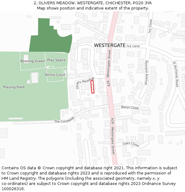 2, OLIVERS MEADOW, WESTERGATE, CHICHESTER, PO20 3YA: Location map and indicative extent of plot