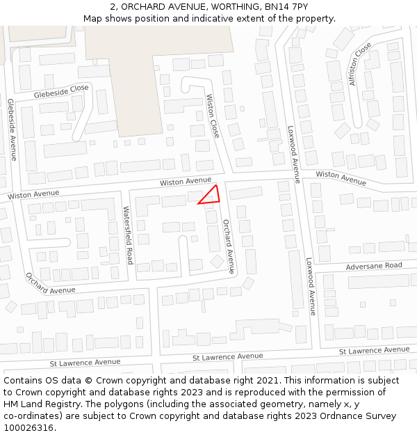 2, ORCHARD AVENUE, WORTHING, BN14 7PY: Location map and indicative extent of plot