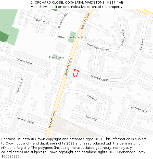 2, ORCHARD CLOSE, COXHEATH, MAIDSTONE, ME17 4HE: Location map and indicative extent of plot