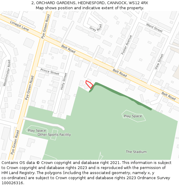 2, ORCHARD GARDENS, HEDNESFORD, CANNOCK, WS12 4RX: Location map and indicative extent of plot