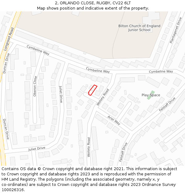 2, ORLANDO CLOSE, RUGBY, CV22 6LT: Location map and indicative extent of plot