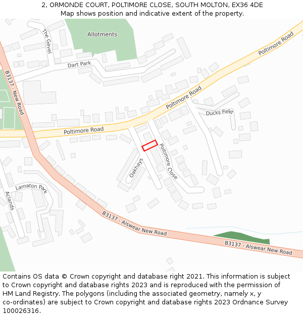 2, ORMONDE COURT, POLTIMORE CLOSE, SOUTH MOLTON, EX36 4DE: Location map and indicative extent of plot