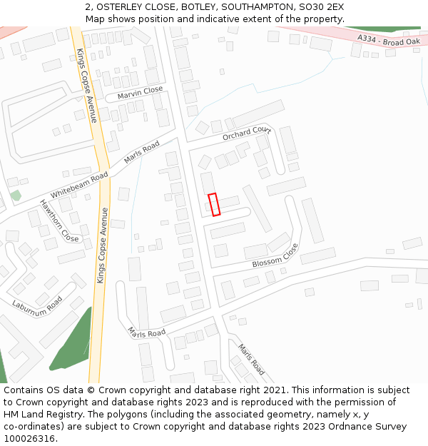 2, OSTERLEY CLOSE, BOTLEY, SOUTHAMPTON, SO30 2EX: Location map and indicative extent of plot