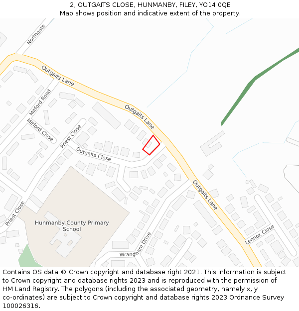 2, OUTGAITS CLOSE, HUNMANBY, FILEY, YO14 0QE: Location map and indicative extent of plot