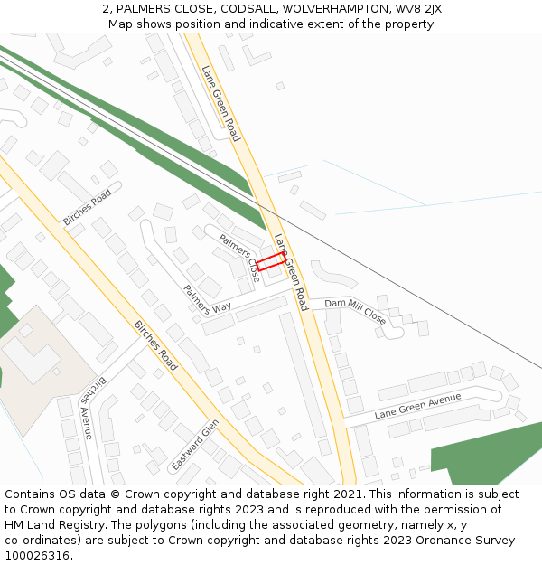 2, PALMERS CLOSE, CODSALL, WOLVERHAMPTON, WV8 2JX: Location map and indicative extent of plot