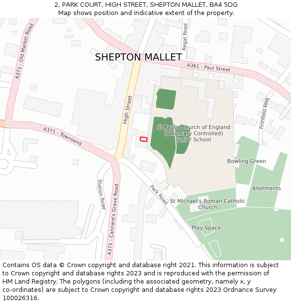 2, PARK COURT, HIGH STREET, SHEPTON MALLET, BA4 5DG: Location map and indicative extent of plot