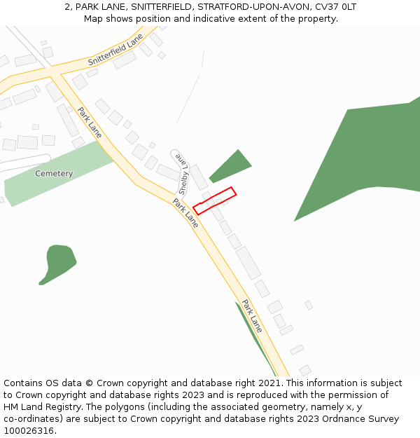 2, PARK LANE, SNITTERFIELD, STRATFORD-UPON-AVON, CV37 0LT: Location map and indicative extent of plot