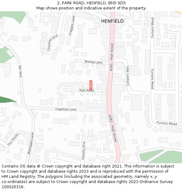 2, PARK ROAD, HENFIELD, BN5 9DS: Location map and indicative extent of plot